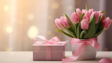 Pink tulips in a vase with a pink ribbon and a gift box