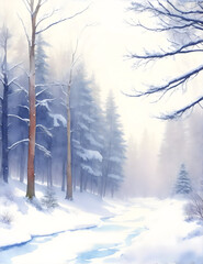 Winter watercolor forest view background