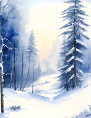Fototapeta na wymiar Winter watercolor forest view background