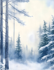 Fototapeta na wymiar Winter watercolor forest view background