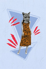 Picture painted image retro collage of unusual beautiful creature girl leopard head instead face...