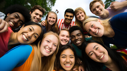 Obraz premium Portrait diverse group of university student friendship taking picture together outside, Smiling multicultural friends looking looking to camera outside the university campus