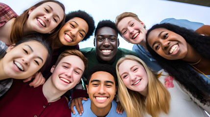 Portrait diverse group of university student friendship taking picture together outside, Smiling multicultural friends looking looking to camera outside the university campus