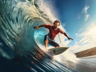 Surfer on Blue Ocean Wave in the Tube Getting Barreled.