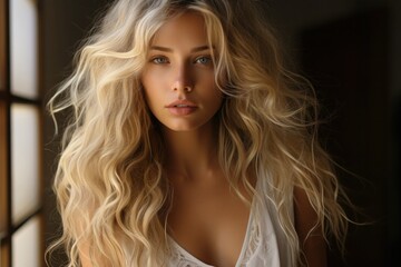 Fototapeta premium close up photo young beautiful girl with long light hair