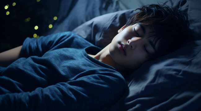 ベッドで眠る20代の日本人男性
