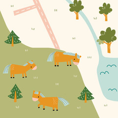 Cute meadow map with horses for kids room. Hand drawn vector illustration. Nursery concept for bedding, poster.
