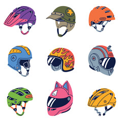 Different Helmet as Gear for Head Protection Vector Set