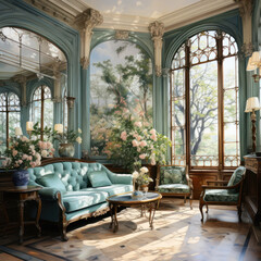 elegant victorian mansion with floral wallpaper
