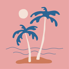 Hand Drawn Tropical Island Vector Illustration. Sunset on the Beach with Palm Trees and Sea. Beach Vibe.
