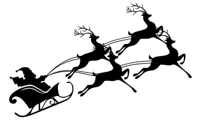 santa riding a 4 deer silhouette vector