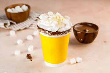 Nutella hot Chocolate coffee served in cup isolated on wooden board top view cafe drink