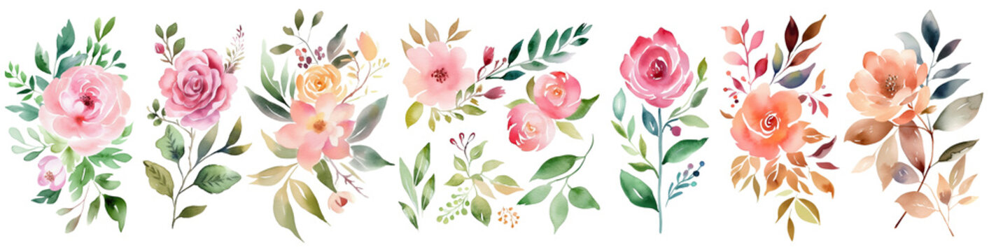 Set Of Hand Painted, Elegant Watercolor Flowers Beautiful, Romantic Hand Painted , Watercolor Blush Floral Clipart ,Botanical Plant Illustration Transparent Background, PNG ,Generative AI