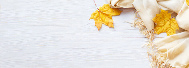 autumn leaves with a scarf on a wooden background with copy space. banner