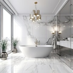 White Marble Bathroom Interior Design - A Sanctuary of Luxury and Relaxation - Bathroom Artistry with Stone Elegance - Bathroom in White Luxury Marble Background created with Generative AI Technology