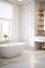 Fototapeta na wymiar White Marble Bathroom Interior Design - A Sanctuary of Luxury and Relaxation - Bathroom Artistry with Stone Elegance - Bathroom in White Luxury Marble Background created with Generative AI Technology