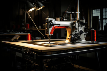 Industrial sewing machine in production. Generative AI - obrazy, fototapety, plakaty