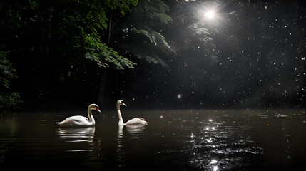 Two white swans at the lake in the night
