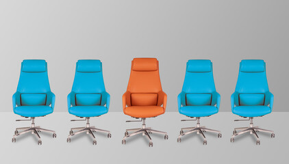 Individuality concept with orange and blue chairs isolated on gray room background