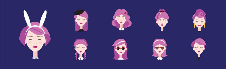 Pink Haired Young Woman Head and Avatar with Different Hairstyles Vector Set