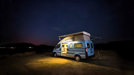 Fototapeta na wymiar Van car under stars during midnight. Van life