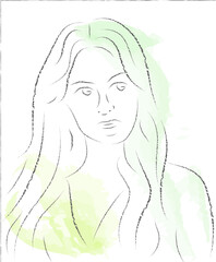 This portrait of a dark-haired girl in the style of simple lines is an instant impression of the most important features of her face and expression.