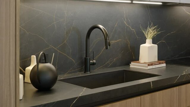Brown kitchen cabinetry with luxurious matte surface crafted from black marble with golden pattern. Integrated sink with sleek faucet and decorative accessories