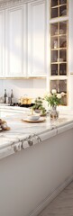 White Luxury Marble Kitchen Design Background - Kitchen Interior Backdrop in the White Luxury Marble Style - Kitchen with Beautiful White Marble Elements created with Generative AI Technology