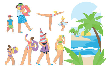 Family Vacation with Parent and Kids Enjoy Resort and Summer Holiday Vector Set