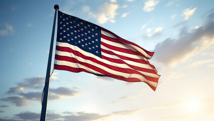 Beautiful American flag waving in the wind, with vibrant red white and blue colors against blue sky, with copy space. Made with AI gereration