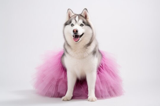 Group portrait photography of a happy siberian husky wearing a tutu skirt against a white background. With generative AI technology