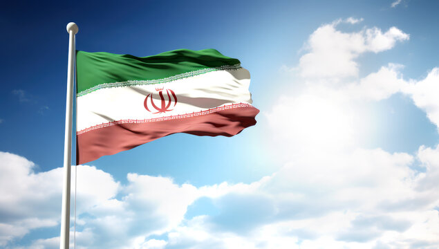 Iranian flag for advertising, celebration, achievements, festivals, elections. The Iranian flag flutters in the beautiful sky. Made with AI gereration