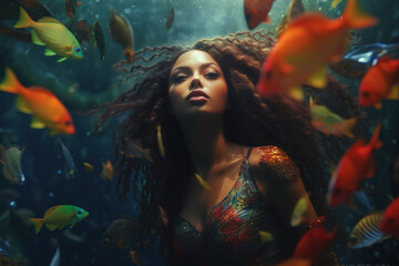 Mermaid underwater. Fantasy beauty style portrait of beautiful woman