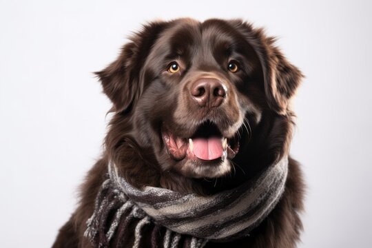 Medium shot portrait photography of a happy newfoundland dog wearing a warm scarf against a white background. With generative AI technology