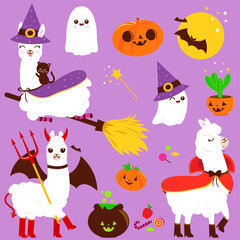 Collection of cute llamas in Halloween costumes, treats, candy and other Halloween objects. Vector illustration