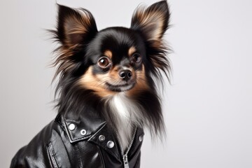 Lifestyle portrait photography of a cute papillon dog wearing a leather jacket against a white background. With generative AI technology