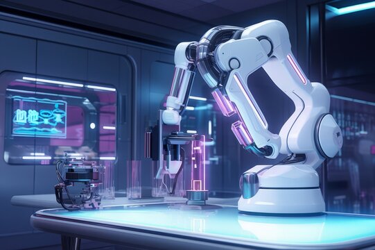 3d rendering robotic arm in a modern medical laboratory