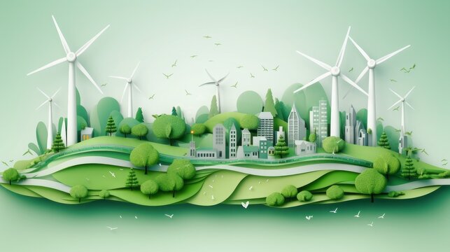 Green city illustration. Renewable energy and ecology concept. Paper art style.