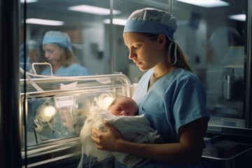 A young nurse or doctor examining a baby in an incubator. 