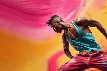 Poster Young Gen Z dancer, man dancing in style of hip hop aesthetics, pop art, copy space © lermont51