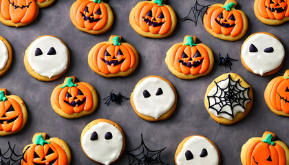 Obraz premium Halloween gingerbread cookies with spiders on brown wooden table.