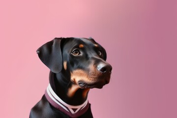 Medium shot portrait photography of a cute doberman pinscher wearing a sports jersey against a pastel or soft colors background. With generative AI technology