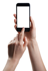 Woman hand taking picture with finger on a smartphone