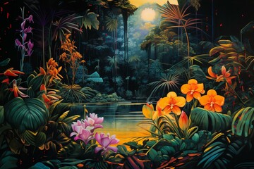 Obraz na płótnie Canvas Square-framed jungle scene featuring vibrant yellow and orange neon-lit tropical flora. Generative AI