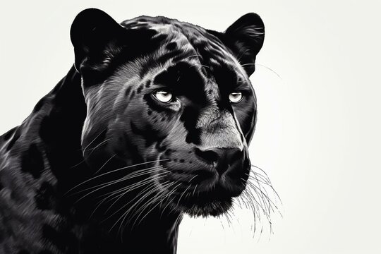 A monochromatic artwork depicting a sleek black panther against a plain white backdrop. Generative AI