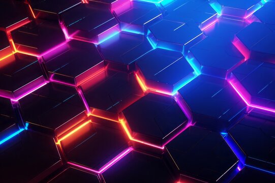 3d digital hexagon abstract background with neon color light breaks between sells, flat lay design.