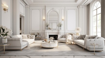White Luxury Marble Living Room Interior Design - Opulent Living Space Showcasing Pure White Marble Elegance - Living Room in White Luxury Marble Background created with Generative AI Technology - obrazy, fototapety, plakaty