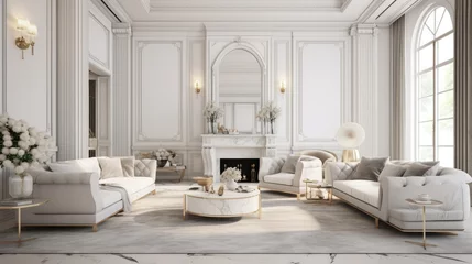 Foto op Plexiglas White Luxury Marble Living Room Interior Design - Opulent Living Space Showcasing Pure White Marble Elegance - Living Room in White Luxury Marble Background created with Generative AI Technology © InteriorArchitecture