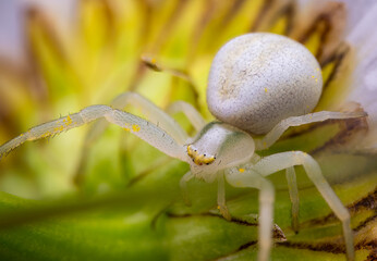 Macrophotography of a White Crab Spider (Misumena vatia). Extremely close-up and details.