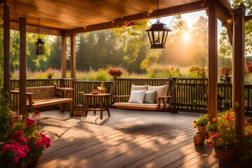 Fototapeta premium bench in the park ,Walkout deck with patio area and garden swing .